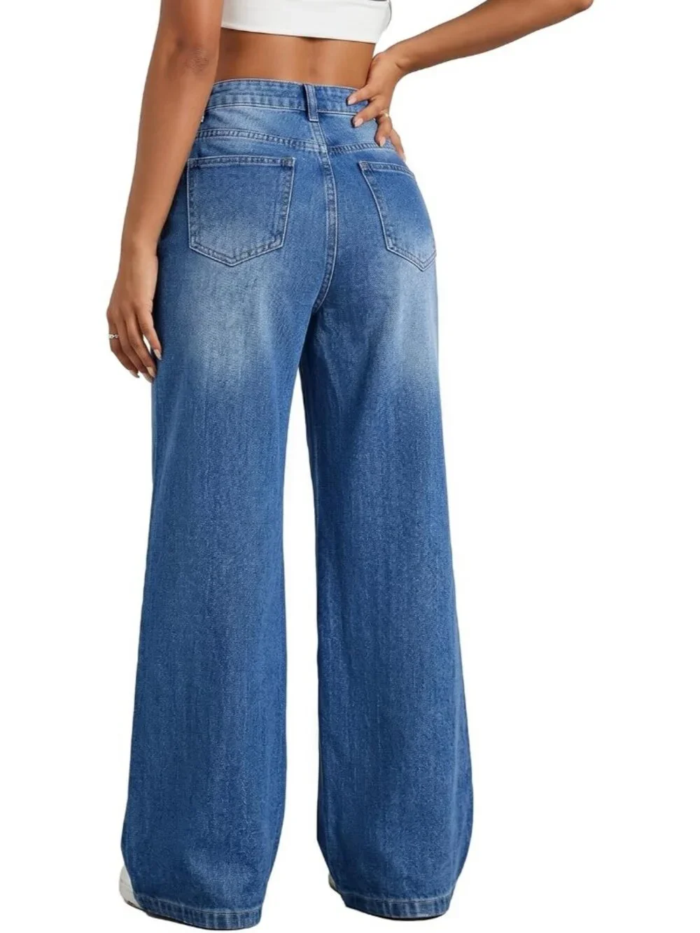 Women's Blue Denim Y2k Straight Leg Button Zip High Waisted Baggy Jeans